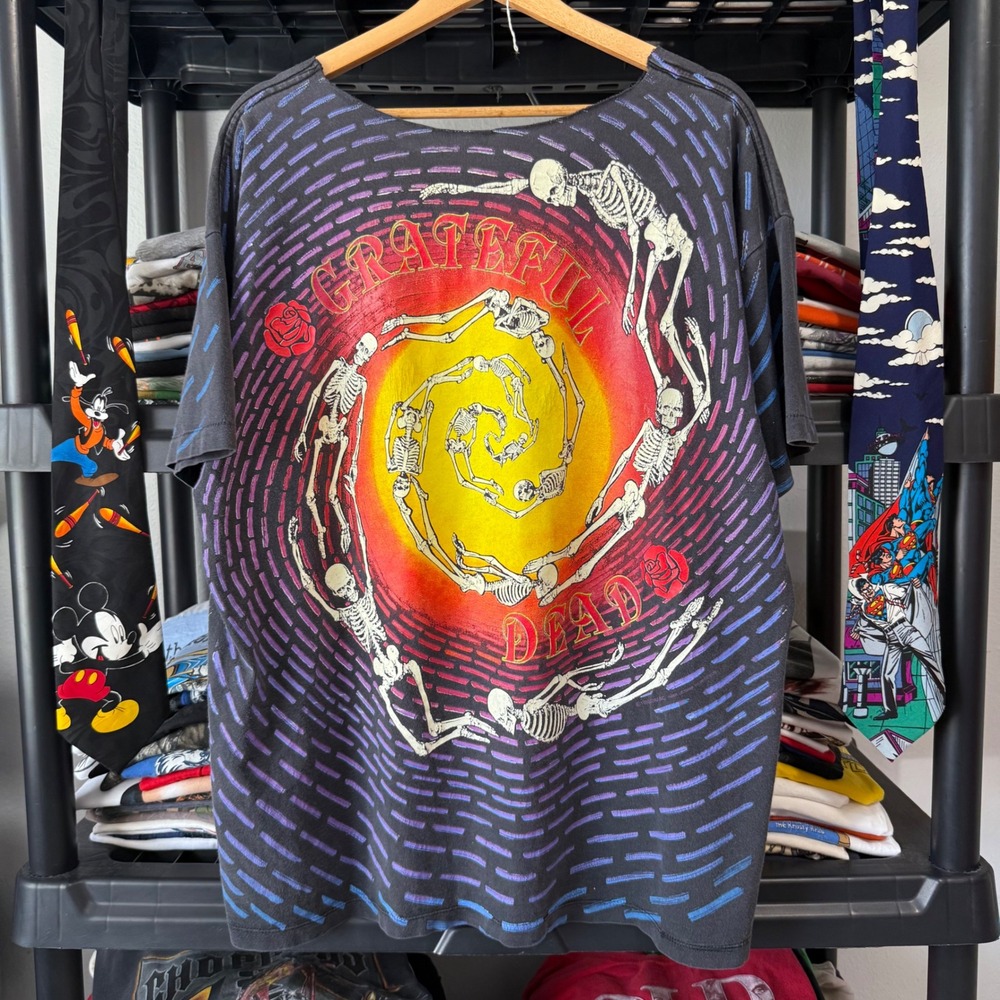 Vintage 90s Black Grateful Dead Spiral Skeletons All Over Print T-Shirt XL - Picture 2 of 6